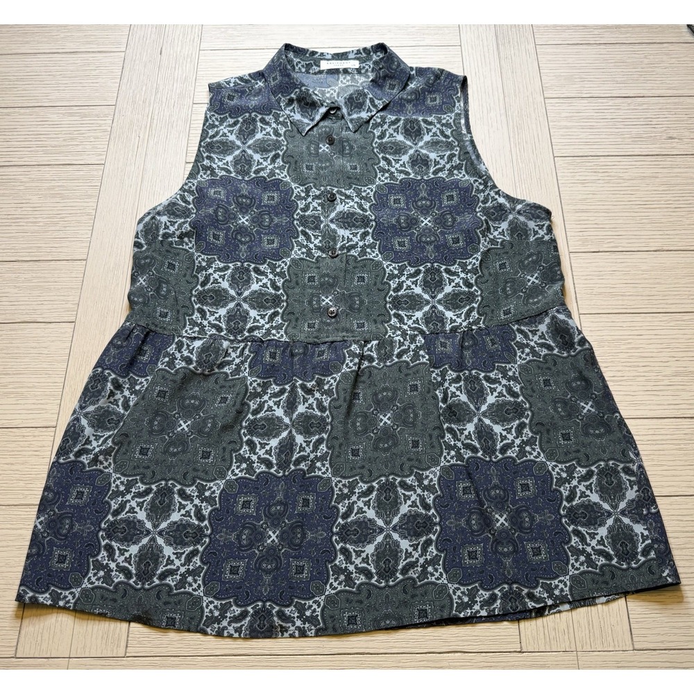 Equipment Femme Blue Green Silk‎ Sleeveless Button Down Peplum Blouse Shirt Sz L